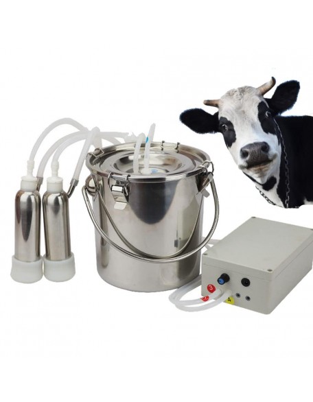 5L Electric MilMachine for Cow, Pulsation Vacuum Pump Electric Milker with 2 Teat Cups and  Steel Bucket (Cow)