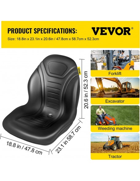 Universal Tractor Seat Replacement 2 Pcs Compact High Back Mower Seat, Black Vinyl Forklift Seat, Central Drain Hole Skid Steer Seat with Mounting Bolt Patterns of 8