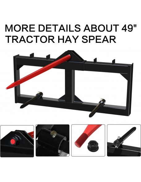 EBESTTECH 49 Inch Tractor Hay Spear Attachment 3000LBS Spike Skid Steer  Attach Bobcat Tractors with 1pc Red Hay Spear + 2pcs Black Stabilizer Spears Spike Fork Tine