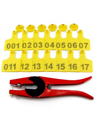 EASY 500 Sets Cattle Ear Tags, Numbered Plastic TPU Earring for Cattle Cow Calf Livestock Identification Ear Tagger (Yellow) with 1 pcs Plier Applicator
