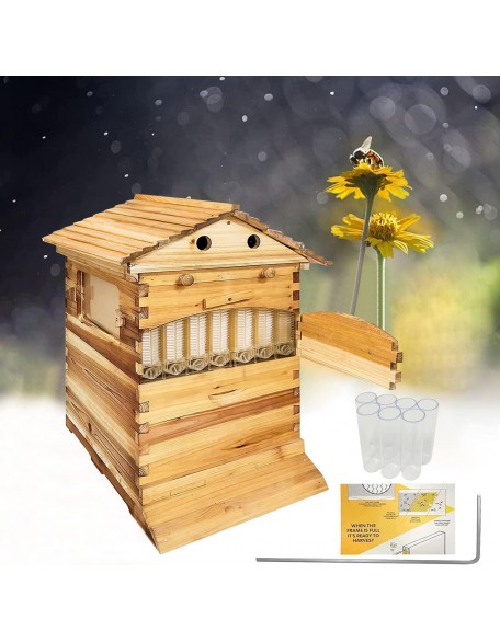Auto Flow Beehive,Wooden Beekeeping House Beehive Boxes with 7 PCS Auto Bee Hive Frame,Automatic Wooden Bee Hive House Kit,Food Grade BPA  (Beehive Frame+Wooden Box)