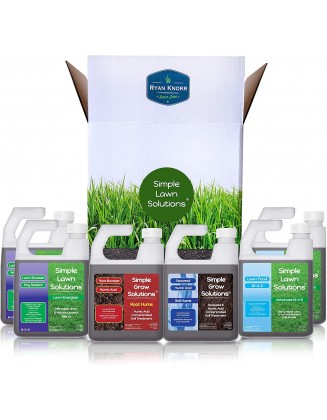 Simple Lawn Solutions - Ryan Knorr - Lawn Essentials Bundle Box - 6 Piece Set- Lawn Food 16-4-8 NPK, Lawn Energizer Booster, Root Hume- Humic Acid, Soil Hume- Seaweed, Humic Acid (32 Ounce Bundle)