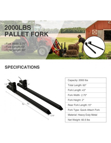 CREWORKS 60 inch Clamp on Pallet Forks for Tractor Bucket, 2000 lbs Bucket Forks Tractor Attachments, Fork Clamps for Bucket Loader Tractor Skid Steer
