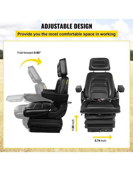 Suspension Seat Adjustable Backrest Headrest Armrest, Forklift Seat With Slide Rails, Foldable Heavy Duty for Tractor Forklift Excavator Skid Steer