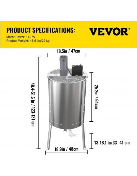 Electric Honey Extractor, 8 Frame Beekeeping Extraction，Only 4 Deep Frames Honey Extractor, Food-Grade  Steel Honeycomb Drum Spinner, Apiary CentrifuEquipment with Height Adj Stand