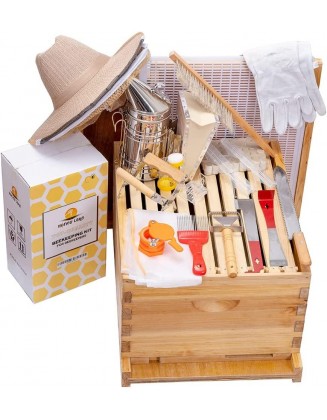 Honey Lake 8-Frame Bee Hives and Supplies Starter Kit, Beeswax Coated Beehive Starter Kit Including Beekeeping Supplies Tools Set with Bee Hat Veil