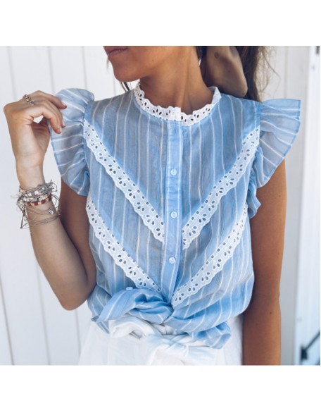 Fashion French Round Neck Stripe Stitching Lace Shirt