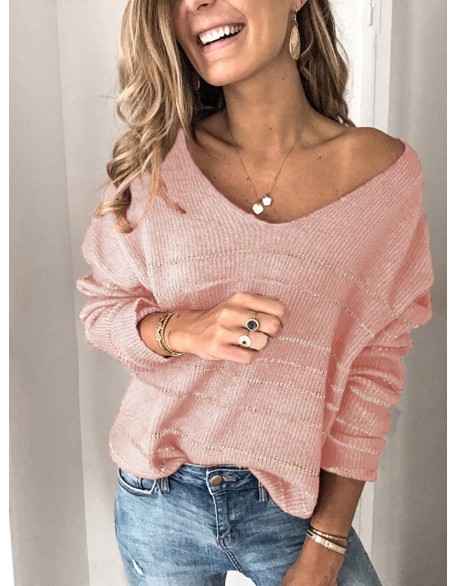 Women's V-neck Gold Stripe Long-sleeve Sweater Pullover