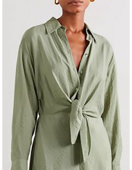 Green Lapel Half Open Knotted Midi Dress