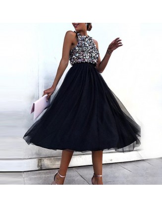 Women's Fashion Sweet Sleeveless Sequin Stitched Black Yarn High Waist Dress