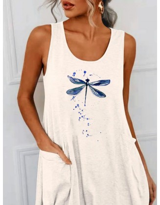 Round Neck Dragonfly Print Loose Casual Shift Dress