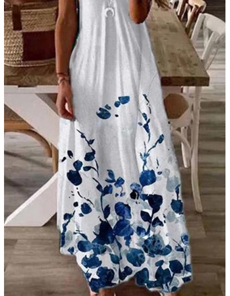 Womens Flower Print V-neck Fashion Casual Maxi Dress