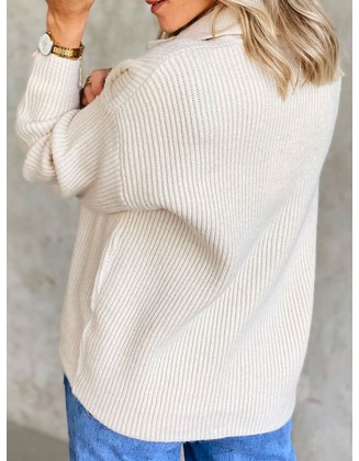 Polo Collar Solid Color Casual Loose Sweater Pullover