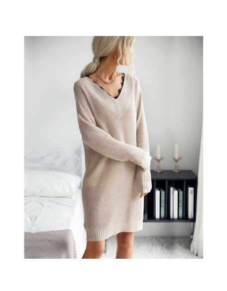 Medium Length V-neck Knit With Lace Stitching Loose Commuter Wool Dress For Women