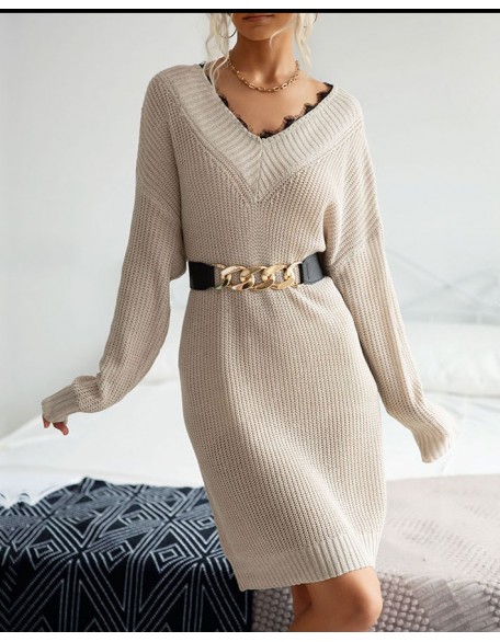 Medium Length V-neck Knit With Lace Stitching Loose Commuter Wool Dress For Women