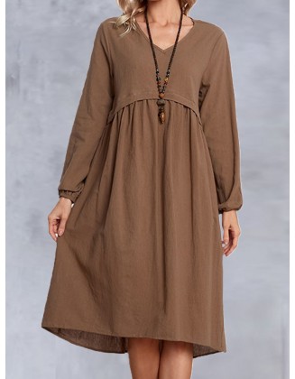 V-neck Solid Color Loose Casual Long-sleeved Midi Dress
