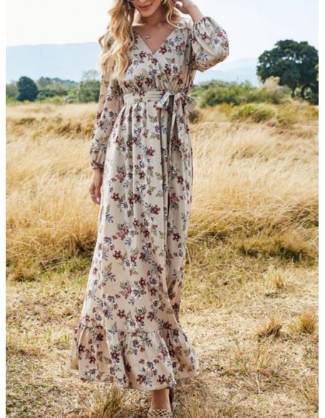 Bohemian Floral Print V-neck Stitching Hem Long Sleeve Maxi Dress