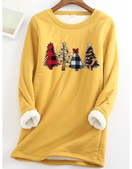 Fleece Warm Christmas Tree Print Long Sleeve T-shirt