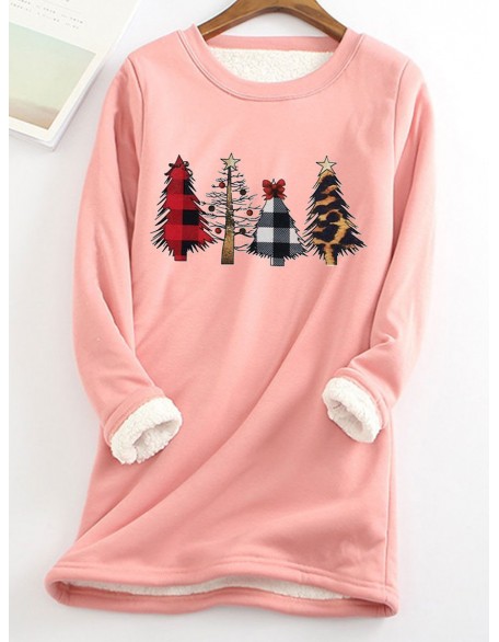 Fleece Warm Christmas Tree Print Long Sleeve T-shirt