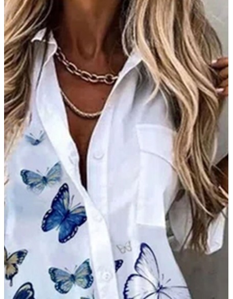 Fashion Butterfly Print Lapel Long Sleeve Casual Blouse
