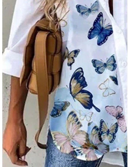 Fashion Butterfly Print Lapel Long Sleeve Casual Blouse