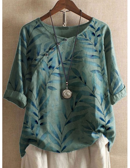 Round Neck Cotton And Linen Leaf Print Blouse