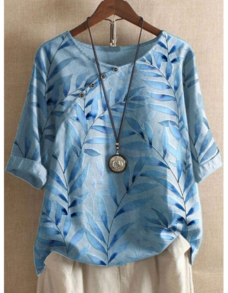 Round Neck Cotton And Linen Leaf Print Blouse